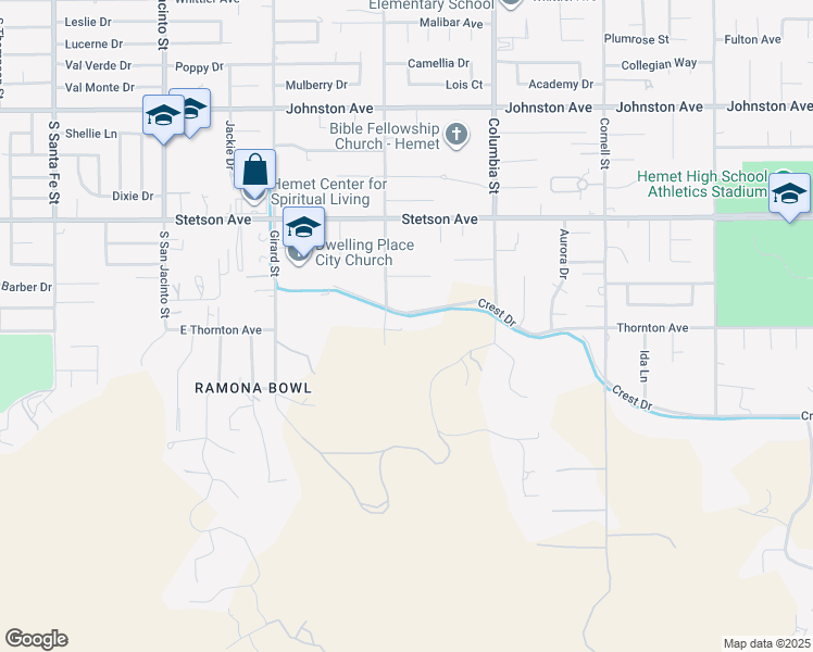 map of restaurants, bars, coffee shops, grocery stores, and more near 40795 Crest Drive in Hemet