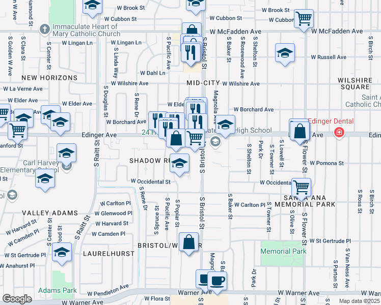 map of restaurants, bars, coffee shops, grocery stores, and more near 1312 West Edinger Avenue in Santa Ana