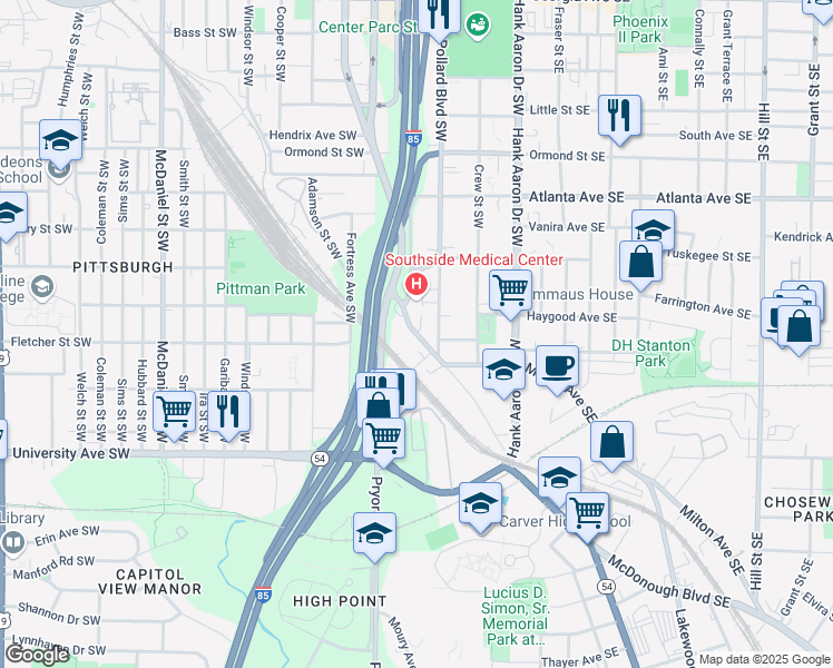 map of restaurants, bars, coffee shops, grocery stores, and more near 1058 Ridge Avenue Southwest in Atlanta