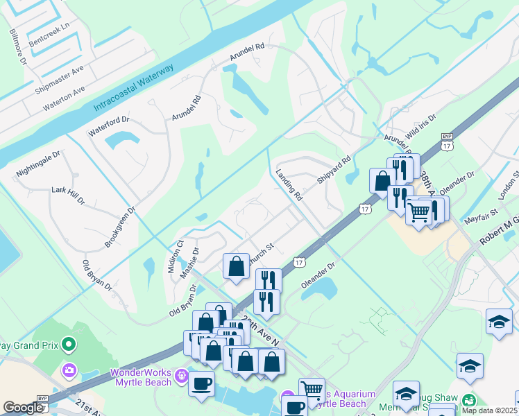 map of restaurants, bars, coffee shops, grocery stores, and more near 2-1 Shorewood Drive in Myrtle Beach