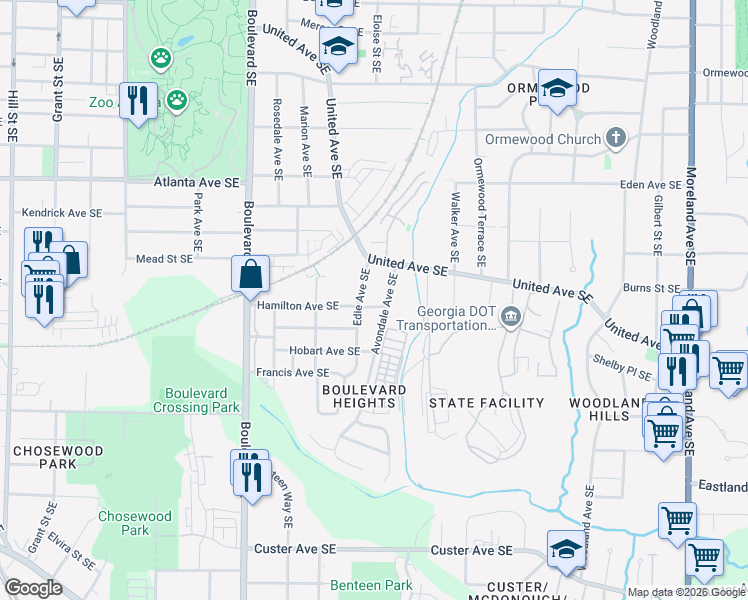 map of restaurants, bars, coffee shops, grocery stores, and more near 744 Hamilton Avenue Southeast in Atlanta