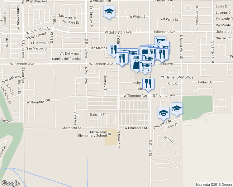 map of restaurants, bars, coffee shops, grocery stores, and more near 524 West Thornton Avenue in Hemet