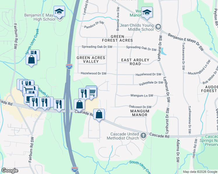 map of restaurants, bars, coffee shops, grocery stores, and more near 1188 Arbor Park Lane Southwest in Atlanta
