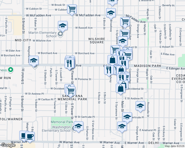 map of restaurants, bars, coffee shops, grocery stores, and more near 1526 South Van Ness Avenue in Santa Ana
