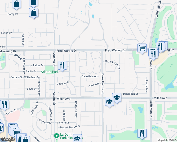 map of restaurants, bars, coffee shops, grocery stores, and more near 44436 West Sundown Crest Drive in La Quinta