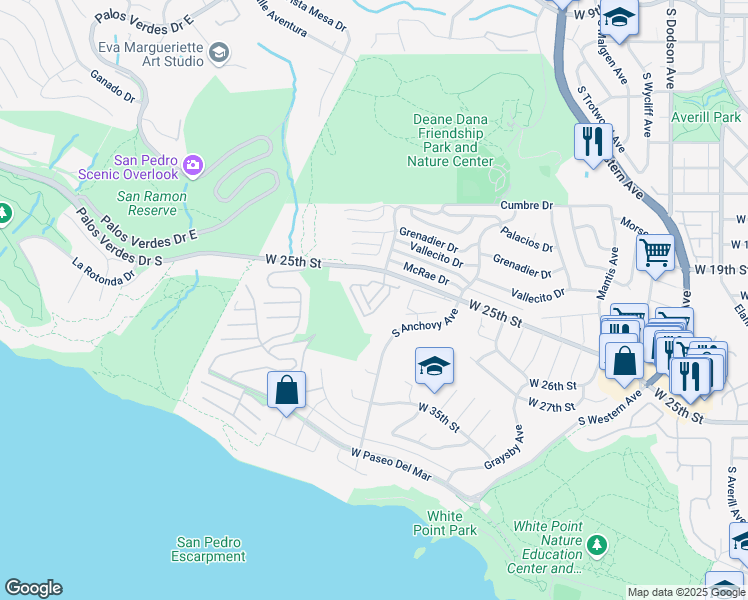 map of restaurants, bars, coffee shops, grocery stores, and more near 2201 West 25th Street in Los Angeles