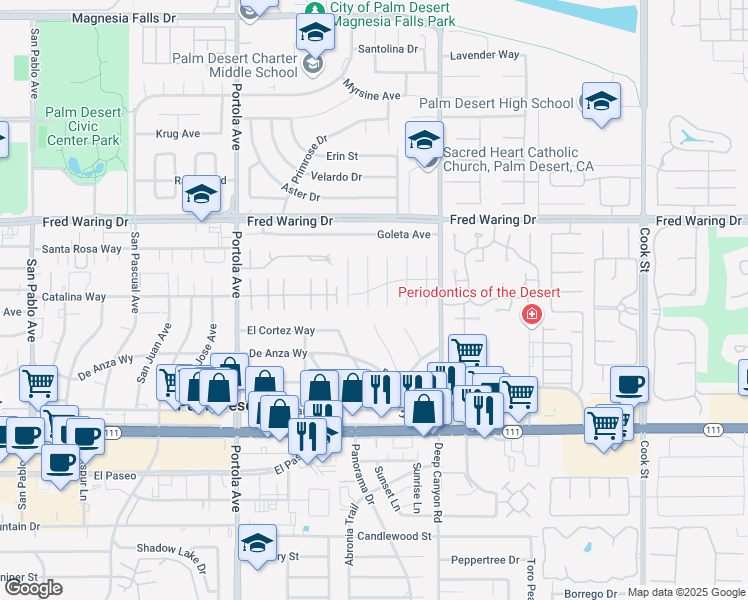 map of restaurants, bars, coffee shops, grocery stores, and more near 44450 Grand Canyon Lane in Palm Desert