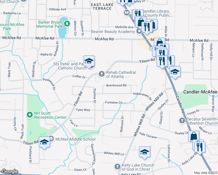 map of restaurants, bars, coffee shops, grocery stores, and more near 2479 Brentwood Road in Decatur