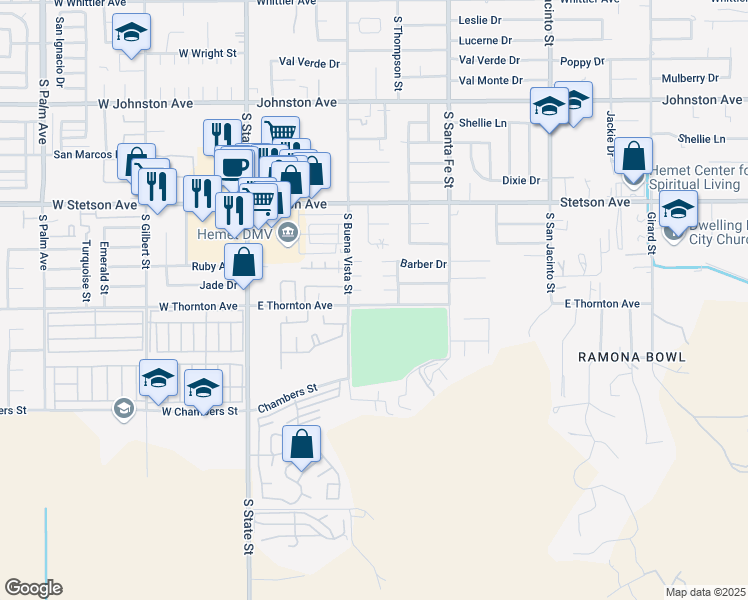 map of restaurants, bars, coffee shops, grocery stores, and more near 600 East Thornton Avenue in Hemet