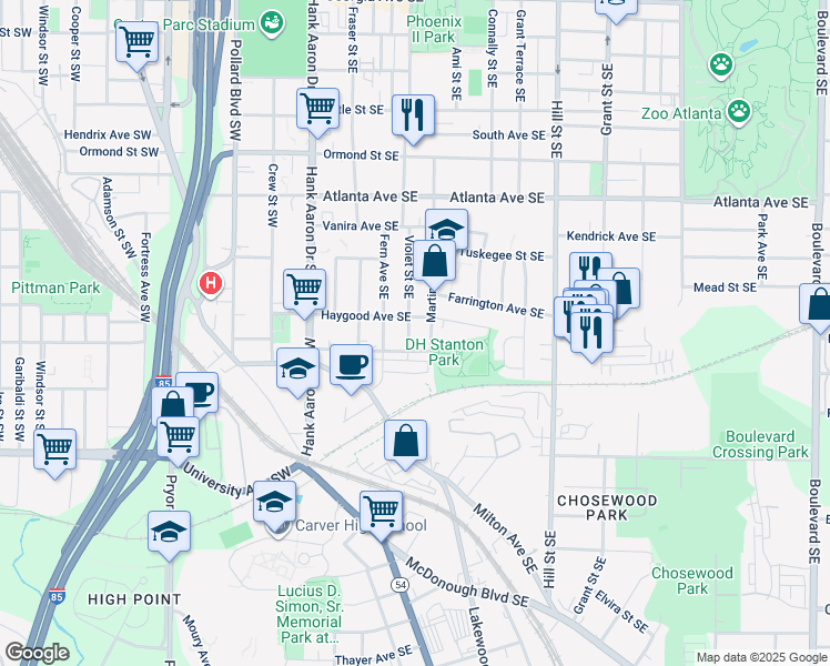 map of restaurants, bars, coffee shops, grocery stores, and more near 1042 Violet Street Southeast in Atlanta