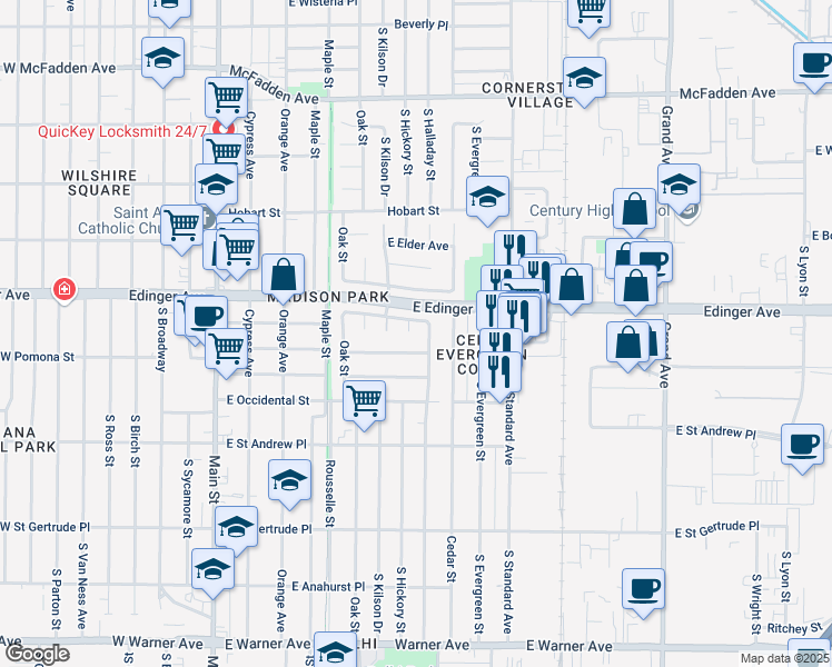 map of restaurants, bars, coffee shops, grocery stores, and more near 1607 South Halladay Street in Santa Ana