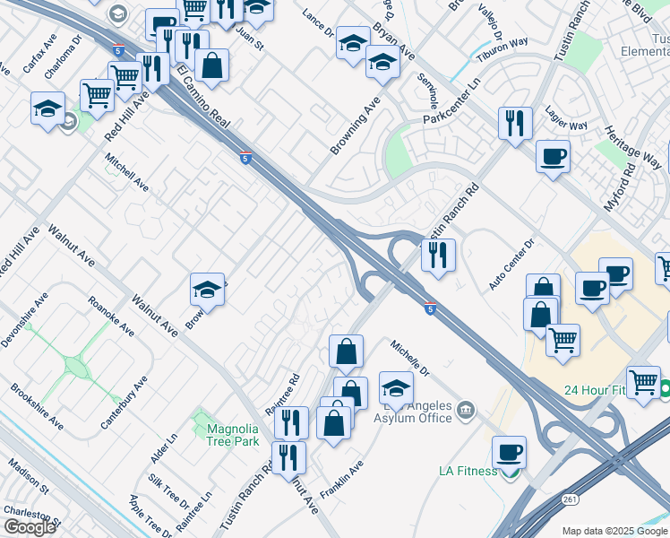 map of restaurants, bars, coffee shops, grocery stores, and more near 2222 Cherrywood Lane in Tustin