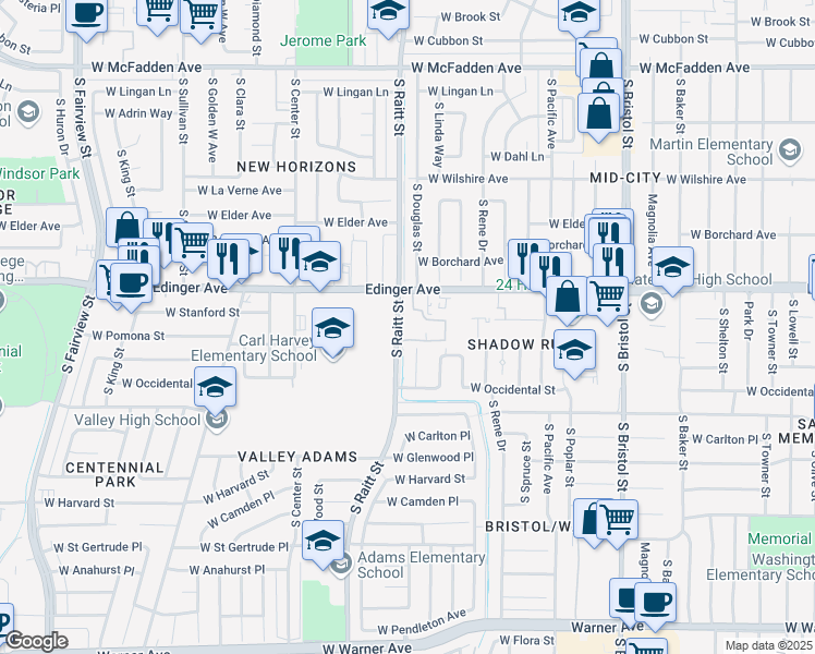 map of restaurants, bars, coffee shops, grocery stores, and more near 1531 South Raitt Street in Santa Ana