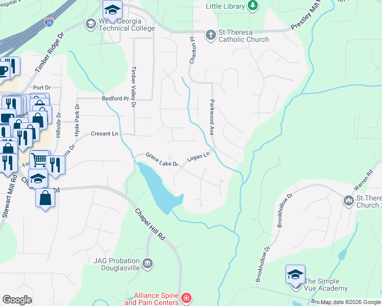 map of restaurants, bars, coffee shops, grocery stores, and more near 9407 Logan Lane in Douglasville