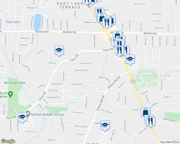 map of restaurants, bars, coffee shops, grocery stores, and more near 2543 Brentwood Road in Decatur