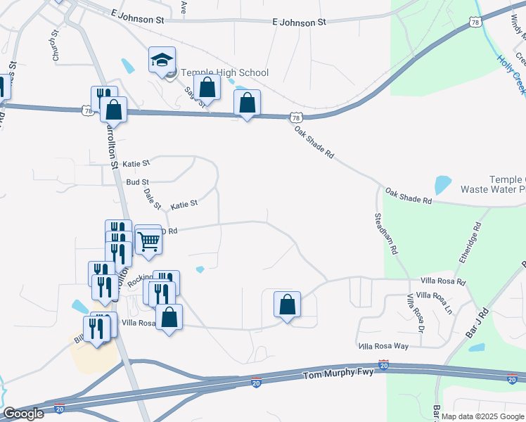 map of restaurants, bars, coffee shops, grocery stores, and more near 234 Double D Road in Temple