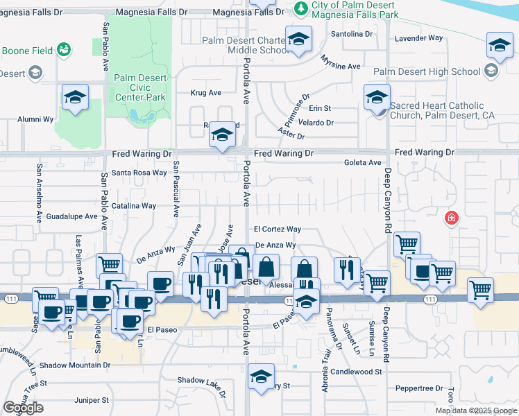map of restaurants, bars, coffee shops, grocery stores, and more near 74067 Catalina Way in Palm Desert