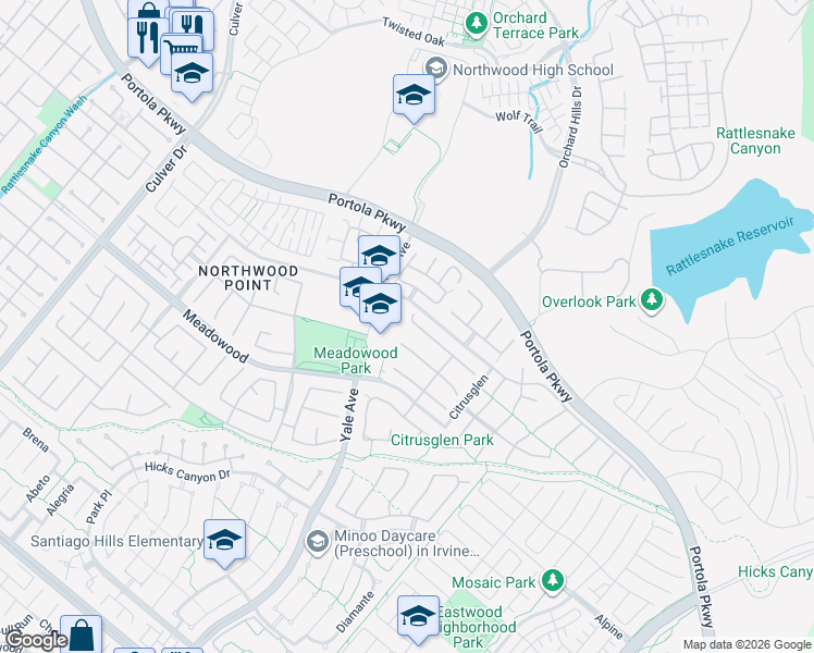 map of restaurants, bars, coffee shops, grocery stores, and more near 10 Plumeria in Irvine