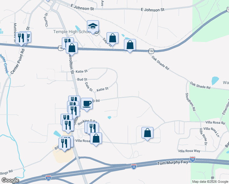 map of restaurants, bars, coffee shops, grocery stores, and more near 30 Matthews Lane in Temple