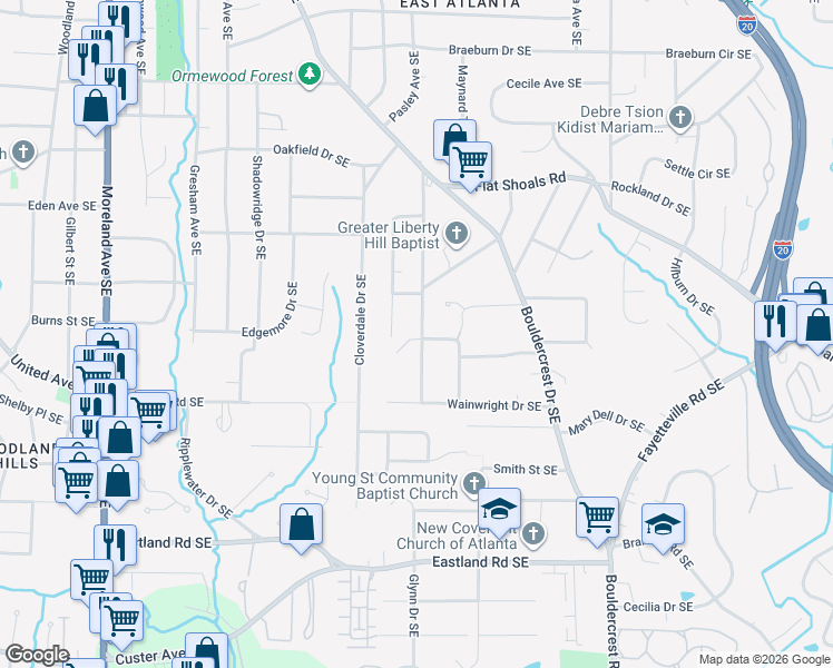 map of restaurants, bars, coffee shops, grocery stores, and more near 2205 Cavanaugh Avenue Southeast in Atlanta