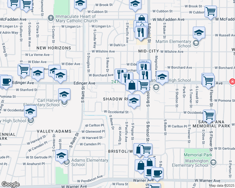 map of restaurants, bars, coffee shops, grocery stores, and more near 1540 West Stanford Street in Santa Ana
