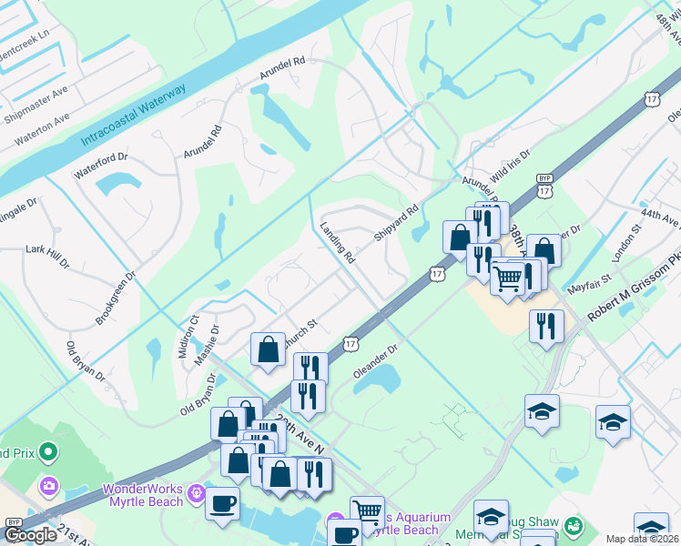 map of restaurants, bars, coffee shops, grocery stores, and more near 1580 Victoria Lane in Myrtle Beach