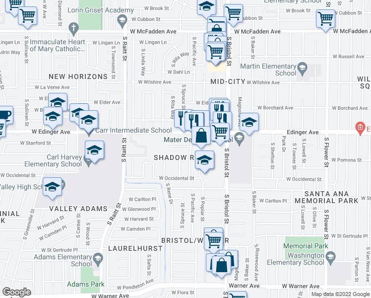 map of restaurants, bars, coffee shops, grocery stores, and more near 1540 West Stanford Street in Santa Ana