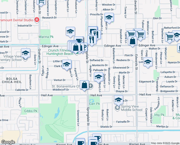 map of restaurants, bars, coffee shops, grocery stores, and more near 16261 Angler Lane in Huntington Beach