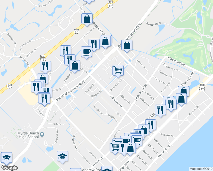 map of restaurants, bars, coffee shops, grocery stores, and more near 830 44th Avenue North in Myrtle Beach