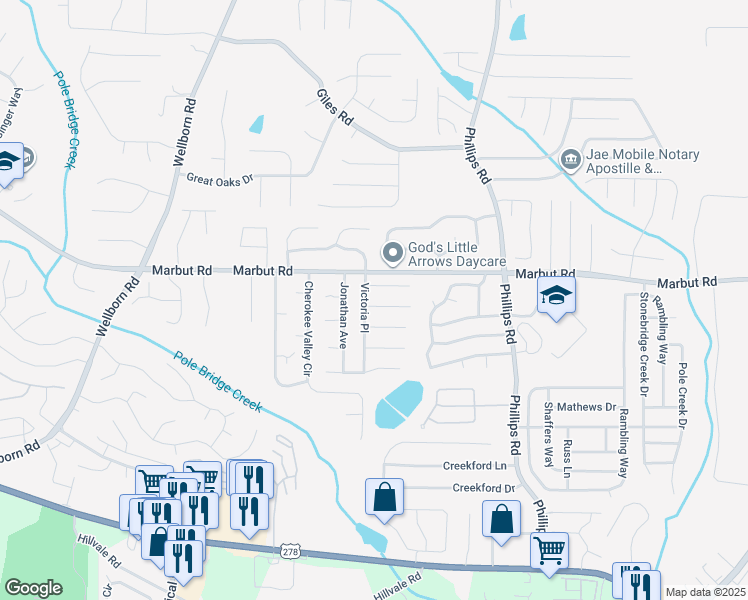 map of restaurants, bars, coffee shops, grocery stores, and more near 2139 Victoria Place in Lithonia