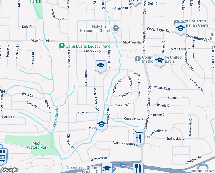 map of restaurants, bars, coffee shops, grocery stores, and more near 2178 Shamrock Drive in Decatur
