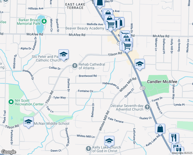 map of restaurants, bars, coffee shops, grocery stores, and more near 2537 Brentwood Road in Decatur