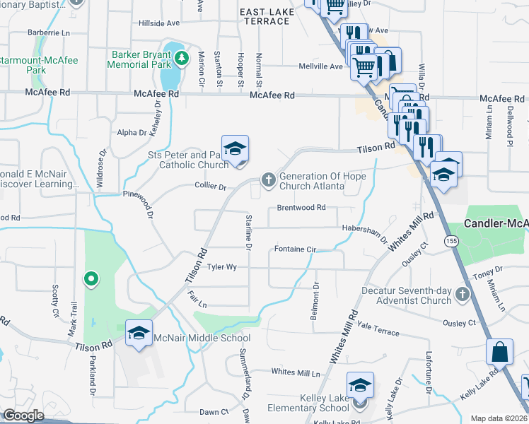 map of restaurants, bars, coffee shops, grocery stores, and more near 2190 Greystone Way in Decatur