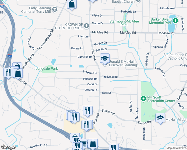 map of restaurants, bars, coffee shops, grocery stores, and more near 1987 Longdale Drive in Decatur