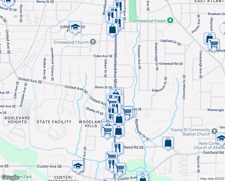 map of restaurants, bars, coffee shops, grocery stores, and more near 1045 Moreland Avenue Southeast in Atlanta