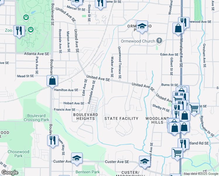 map of restaurants, bars, coffee shops, grocery stores, and more near 1041 Walker Avenue Southeast in Atlanta
