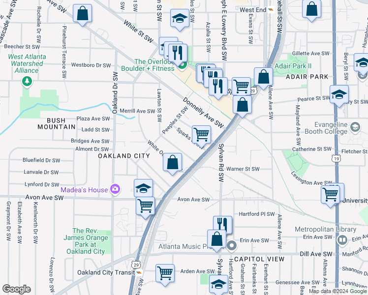 map of restaurants, bars, coffee shops, grocery stores, and more near 1025 Lawton Avenue Southwest in Atlanta