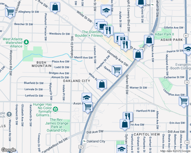 map of restaurants, bars, coffee shops, grocery stores, and more near 1089 White Oak Avenue Southwest in Atlanta