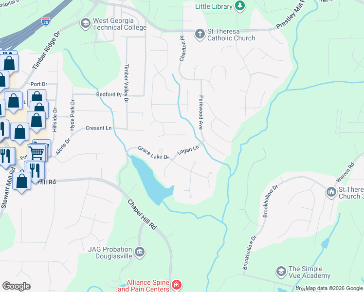 map of restaurants, bars, coffee shops, grocery stores, and more near 9407 Logan Lane in Douglasville
