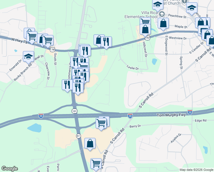 map of restaurants, bars, coffee shops, grocery stores, and more near 107 Lawrence Drive in Villa Rica