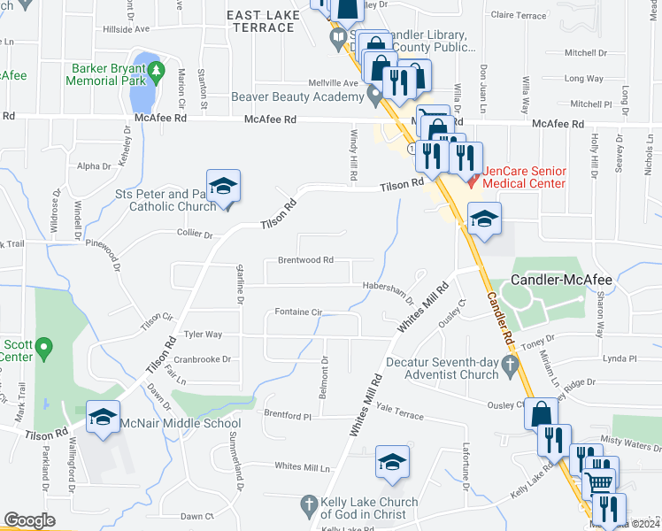 map of restaurants, bars, coffee shops, grocery stores, and more near 2537 Brentwood Road in Decatur