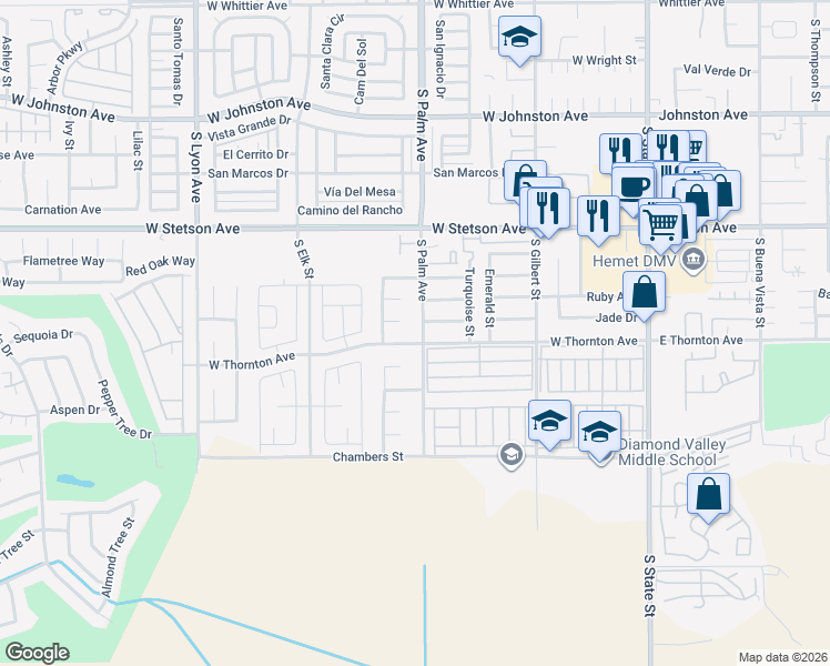 map of restaurants, bars, coffee shops, grocery stores, and more near 1291 South Palm Avenue in Hemet