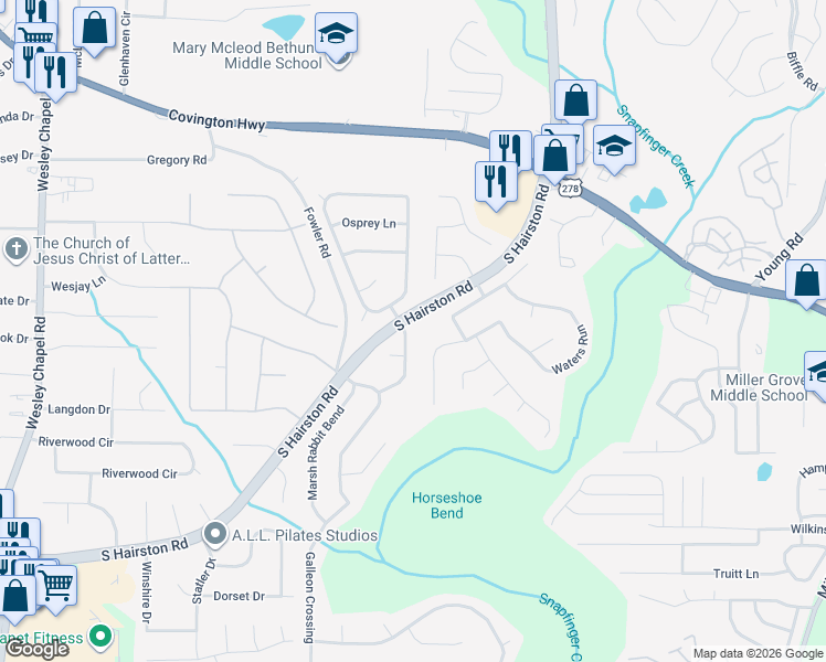 map of restaurants, bars, coffee shops, grocery stores, and more near 2350 Marsh Rabbit Lane in Decatur