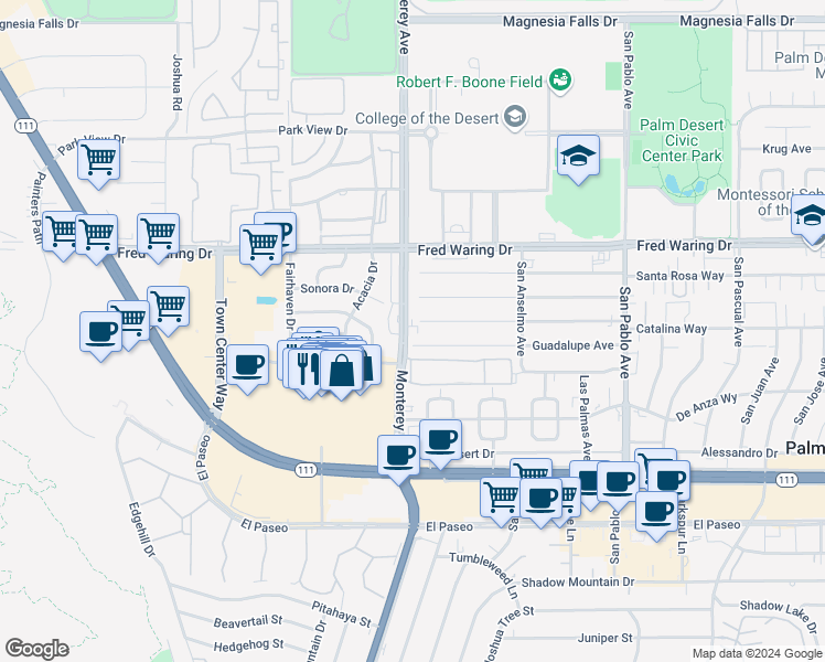map of restaurants, bars, coffee shops, grocery stores, and more near 44350 Monterey Avenue in Palm Desert