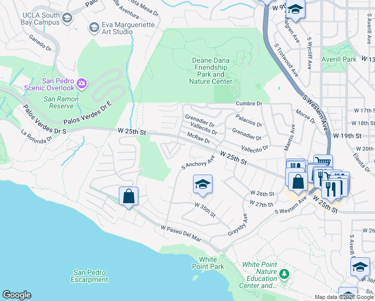 map of restaurants, bars, coffee shops, grocery stores, and more near 2161 West 25th Street in Los Angeles