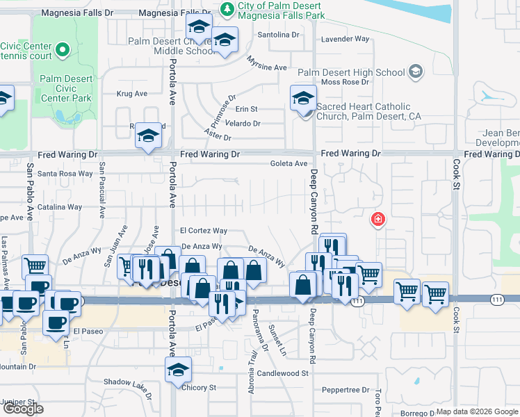 map of restaurants, bars, coffee shops, grocery stores, and more near 44425 Grand Canyon Lane in Palm Desert