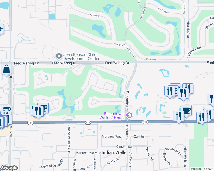 map of restaurants, bars, coffee shops, grocery stores, and more near 44846 Oro Grande Circle in Indian Wells