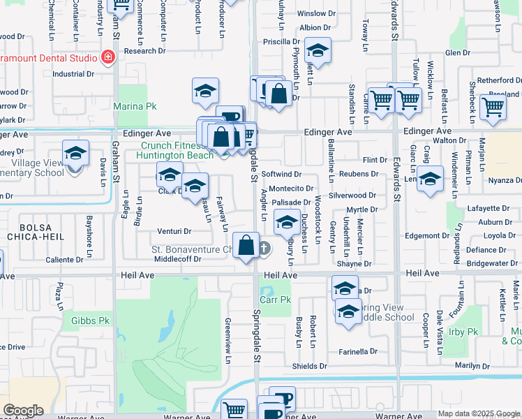map of restaurants, bars, coffee shops, grocery stores, and more near 16261 Angler Lane in Huntington Beach