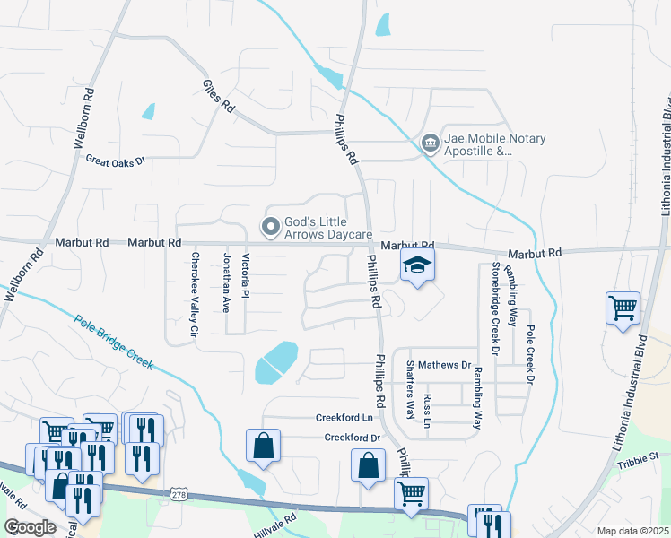 map of restaurants, bars, coffee shops, grocery stores, and more near 6260 Marbut Farms Terrace in Lithonia