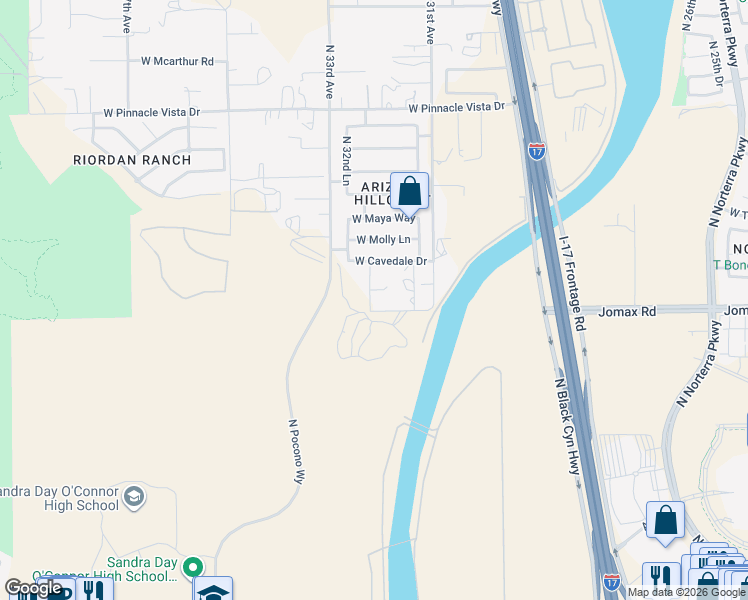 map of restaurants, bars, coffee shops, grocery stores, and more near 3134 West Jomax Road in Phoenix